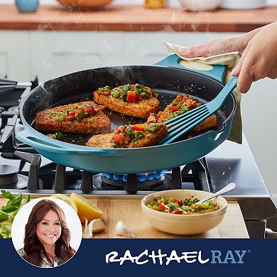 Rachael Ray NITRO Cast Iron Skillet With Side Handles, 14-Inch, Agave Blue