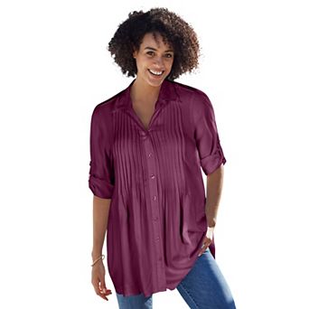 Woman Within Plus Size Rayon Pintucked Effortless Tunic Blouse