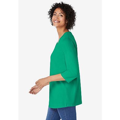 Woman Within Plus Size Perfect Three-Quarter Sleeve V-Neck Tunic