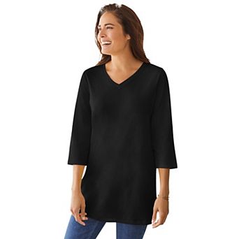 Woman Within Plus Size Perfect Three-Quarter Sleeve V-Neck Tunic