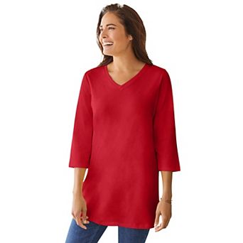 Woman Within Plus Size Perfect Three-Quarter Sleeve V-Neck Tunic