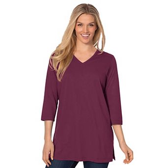 Woman Within Plus Size Perfect Three-Quarter Sleeve V-Neck Tunic