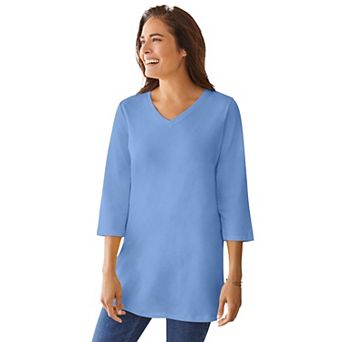 Woman Within Plus Size Perfect Three-Quarter Sleeve V-Neck Tunic