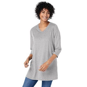 Woman Within Plus Size Perfect Three-Quarter Sleeve V-Neck Tunic