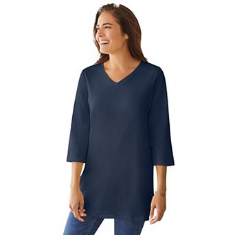 Woman Within Plus Size Perfect Three-Quarter Sleeve V-Neck Tunic