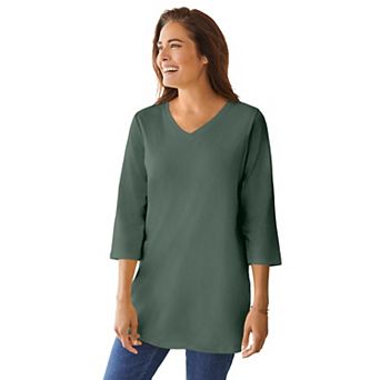Woman Within Plus Size Perfect Three-Quarter Sleeve V-Neck Tunic