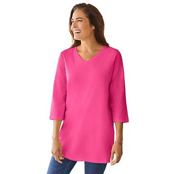Woman Within Plus Size Perfect Three-Quarter Sleeve V-Neck Tunic