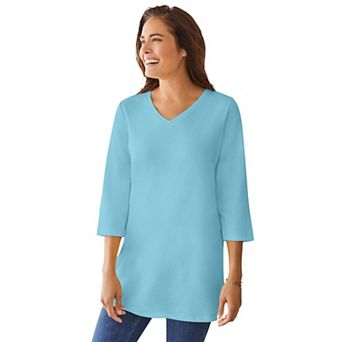 Woman Within Plus Size Perfect Three-Quarter Sleeve V-Neck Tunic