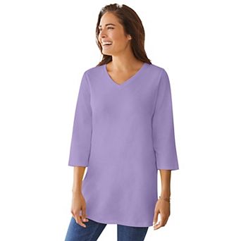 Woman Within Plus Size Perfect Three-Quarter Sleeve V-Neck Tunic