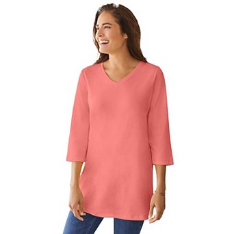 Woman Within Plus Size Perfect Three-Quarter Sleeve V-Neck Tunic