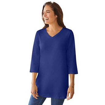 Woman Within Plus Size Perfect Three-Quarter Sleeve V-Neck Tunic
