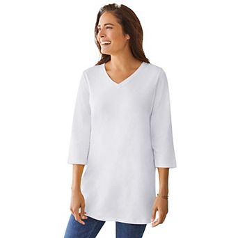 Woman Within Plus Size Perfect Three-Quarter Sleeve V-Neck Tunic