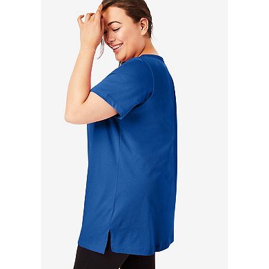 Woman Within Plus Size Perfect Short-Sleeve Shirred V-Neck Tunic