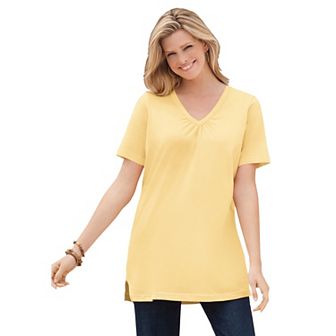 Woman Within Plus Size Perfect Short-Sleeve Shirred V-Neck Tunic