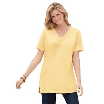 Woman Within Plus Size Perfect Short-Sleeve Shirred V-Neck Tunic