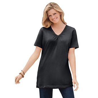 Woman Within Plus Size Perfect Short-Sleeve Shirred V-Neck Tunic
