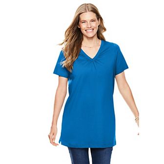 Woman Within Plus Size Perfect Short-Sleeve Shirred V-Neck Tunic