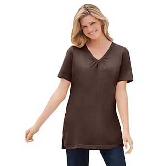 Woman Within Plus Size Perfect Short-Sleeve Shirred V-Neck Tunic