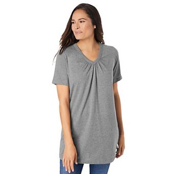 Woman Within Plus Size Perfect Short-Sleeve Shirred V-Neck Tunic