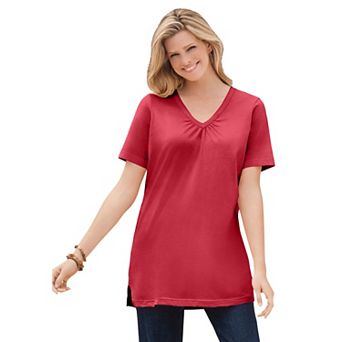 Woman Within Plus Size Perfect Short-Sleeve Shirred V-Neck Tunic