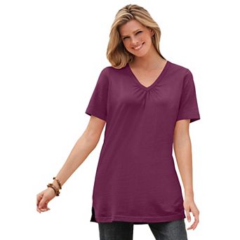 Woman Within Plus Size Perfect Short-Sleeve Shirred V-Neck Tunic