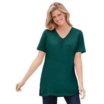 Woman Within Plus Size Perfect Short-Sleeve Shirred V-Neck Tunic