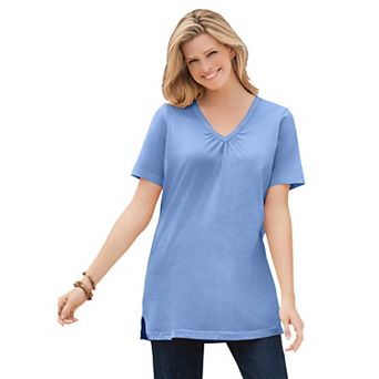 Woman Within Plus Size Perfect Short-Sleeve Shirred V-Neck Tunic