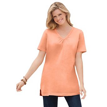 Woman Within Plus Size Perfect Short-Sleeve Shirred V-Neck Tunic