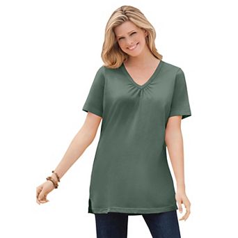 Woman Within Plus Size Perfect Short-Sleeve Shirred V-Neck Tunic
