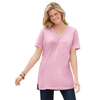 Woman Within Plus Size Perfect Short-Sleeve Shirred V-Neck Tunic