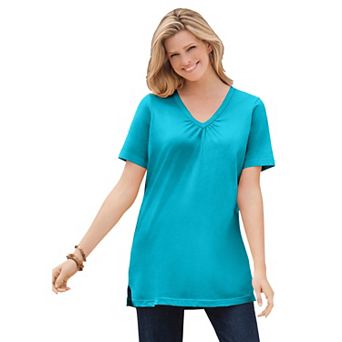 Woman Within Plus Size Perfect Short-Sleeve Shirred V-Neck Tunic