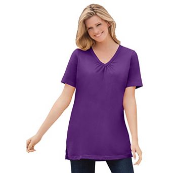 Woman Within Plus Size Perfect Short-Sleeve Shirred V-Neck Tunic
