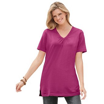 Woman Within Plus Size Perfect Short-Sleeve Shirred V-Neck Tunic