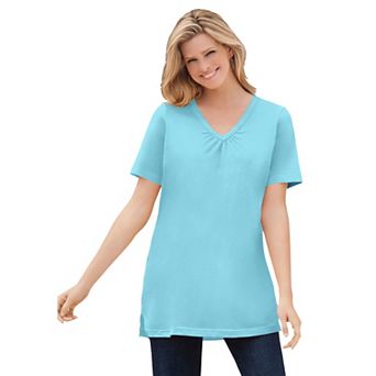 Woman Within Plus Size Perfect Short-Sleeve Shirred V-Neck Tunic