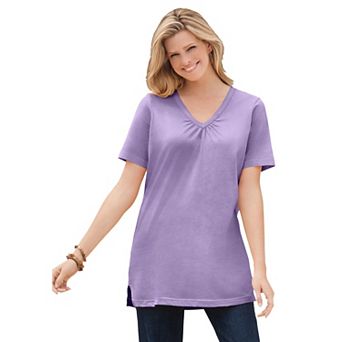 Woman Within Plus Size Perfect Short-Sleeve Shirred V-Neck Tunic
