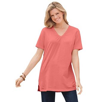 Woman Within Plus Size Perfect Short-Sleeve Shirred V-Neck Tunic