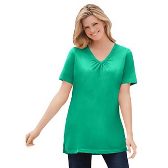 Woman Within Plus Size Perfect Short-Sleeve Shirred V-Neck Tunic