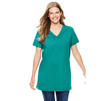 Woman Within Plus Size Perfect Short-Sleeve Shirred V-Neck Tunic