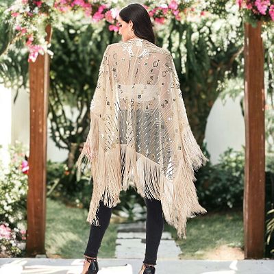 Women's Hand Beaded Fringed Sequin Evening Shawl Wrap