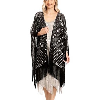 Women's Hand Beaded Fringed Sequin Evening Shawl Wrap