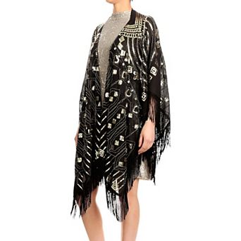 Women's Hand Beaded Fringed Sequin Evening Shawl Wrap