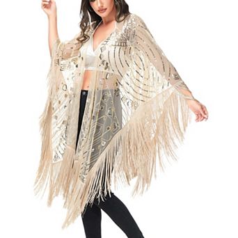 Women's Hand Beaded Fringed Sequin Evening Shawl Wrap