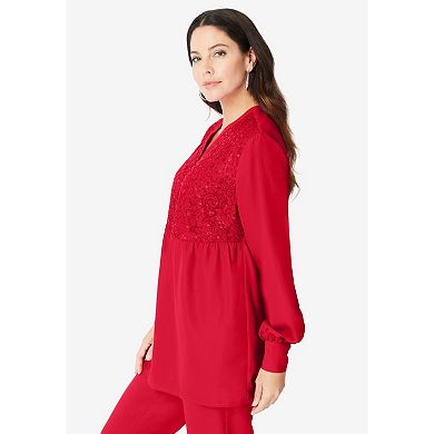 Roaman's Women's Plus Size Sequined Lace-Paneled Top