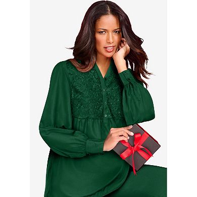 Roaman's Women's Plus Size Sequined Lace-Paneled Top