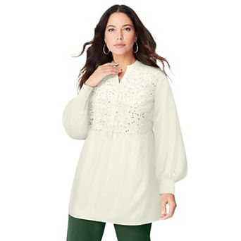 Roaman's Women's Plus Size Sequined Lace-Paneled Top