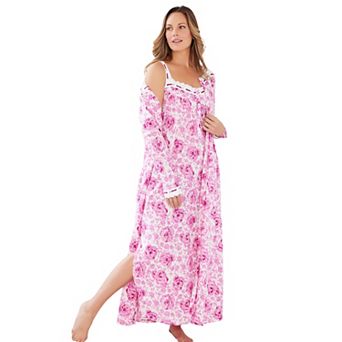 Only Necessities Plus Size Long 2 pc Cabbage-Rose Peignoir Set