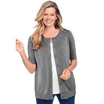Woman Within Plus Size Perfect Elbow-Length Sleeve Cardigan