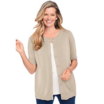 Woman Within Plus Size Perfect Elbow-Length Sleeve Cardigan