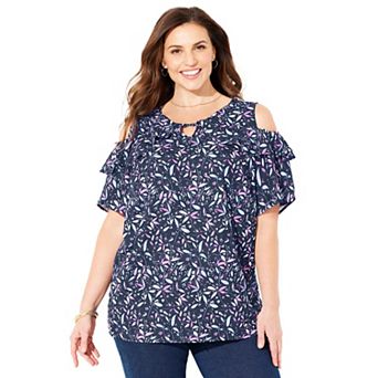 Catherines Women's Plus Size Open-shoulder Georgette Top