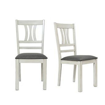 LuxenHome Modern Distressed Off White Rubberwood And Gray Upholstered Seat Dining Chair, Set Of 2